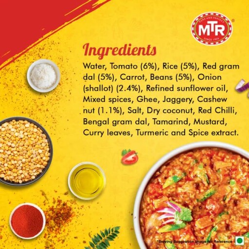 MTR Ready-To-Eat Bisibele Bhath served in a bowl with garnish.