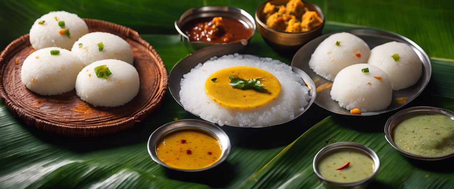 Steamed idlis with sambar and chutney