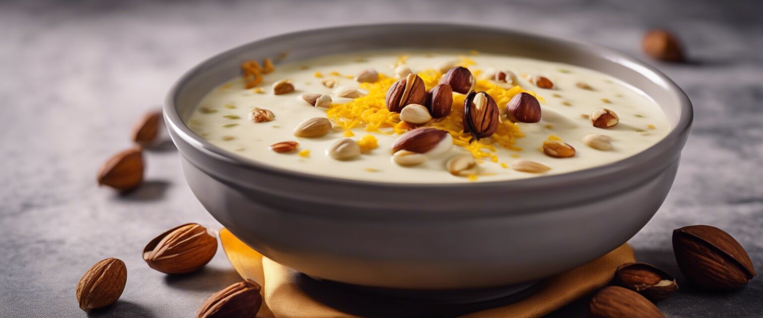 A bowl of kheer with nuts and saffron.