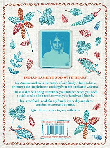 Book cover featuring Indian family food theme with decorative leaves and an old photograph.
