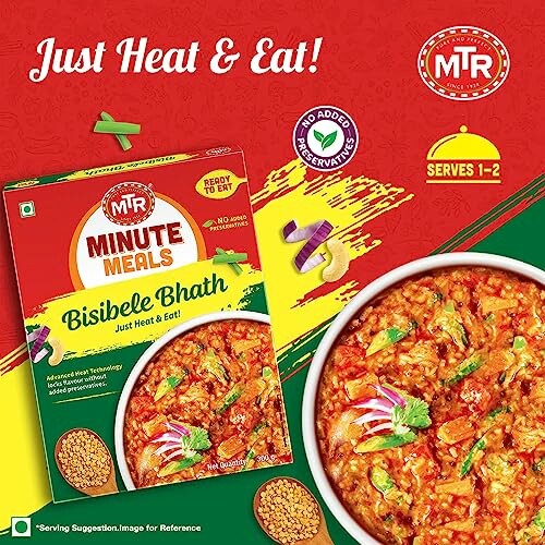 MTR Bisibele Bhath ready meal package with serving suggestion.