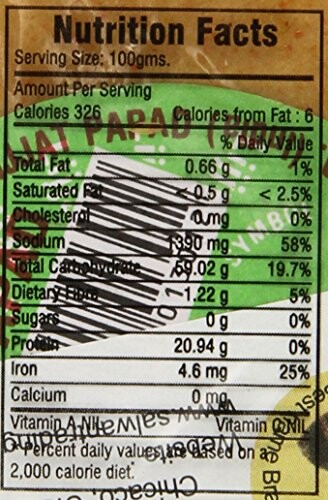 Nutrition facts label with detailed dietary information.