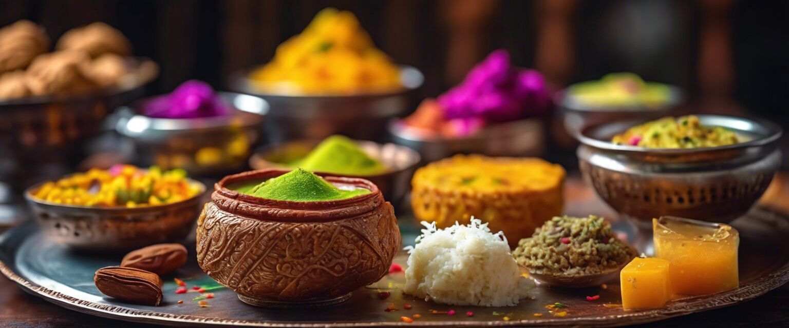 An assortment of Indian desserts like gulab jamun, jalebi, and barfi.
